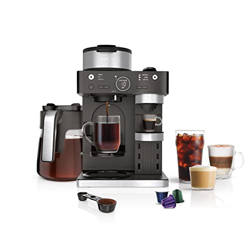 Ninja CFN601 Espresso & Coffee Barista System, Single-Serve Coffee & Nespresso Capsule Compatible, 12-Cup Carafe, Built-in Frother, Espresso, Cappuccino & Latte Maker, Black & Stainless Steel