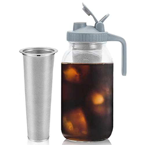 Jrssae Cold Brew Coffee Maker – 64oz Cold Brew Pitcher with Stainless Steel Super Dense Filter 3 Steps Finish Cold Brew Coffee, Classic BPA Free Sturdy Mason jar Pitcher with Gray Lid Easy to Clean