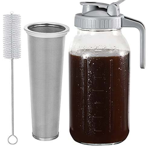 Cold Brew Coffee Maker Pitcher, 64 Oz Heavy Duty Wide Mouth Glass Mason Jar pour spout Lid with Stainless Steel Filter for Iced Coffee, Ice Lemonade, Fruit Drinks, Sun Tea