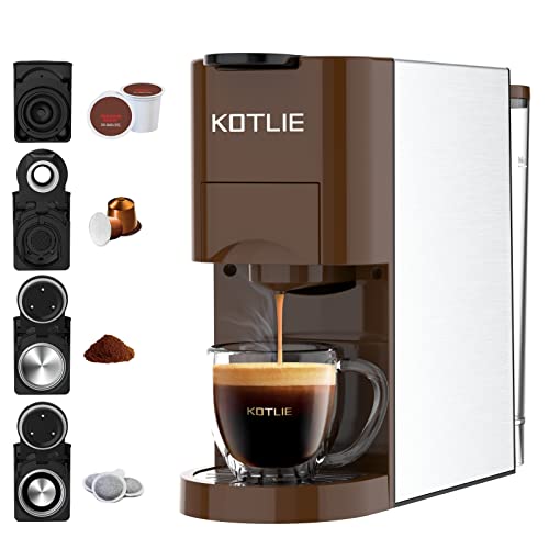 KOTLIE Latest Coffee Maker Single Serve,4 in 1 Espresso Coffee Machine for K-Cup/Nespresso Original/Ground/ESE Capsule Pod Coffee Maker,3 Pods,2 Bowl,2oz to 10oz Cup, 28oz Water Tank,19 Bar,1450W