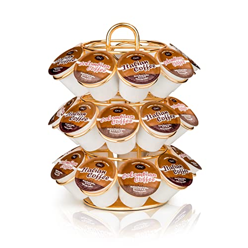 KREWEY Coffee Pod Holder, K Cup Holders，Coffee Pod Storage Compatible with K Cups (27 Pods), Spins 360-Degrees Coffee Pod Carousel Holder Organizer, Modern Gold Design (Round,Shining Gold)