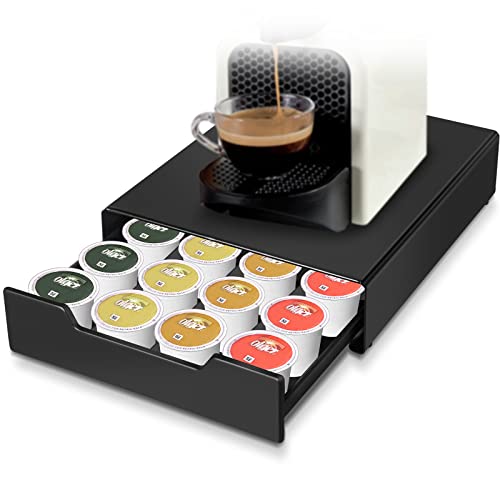WORBIC Stainless Steel K Cup Holder, 20 Capacity Coffee Pod Holder, K Cup Organizer with Non Slip Base, Smooth Gliding Drawer System, Compatible with K Cup, Originaline and Dolce Gusto, Black