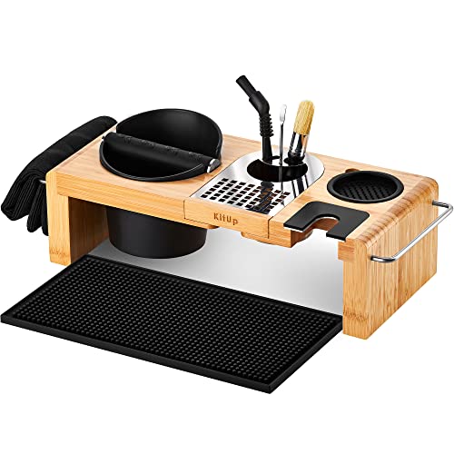 KitUp Coffee Lab Coffee Station – Espresso Knock Box, Tamping Station, Tamping Mat, Bamboo Organizer, Coffee Art Pen & Brushes, Bar Mat, & Towel – Espresso Machine Accessories, Barista Accessories