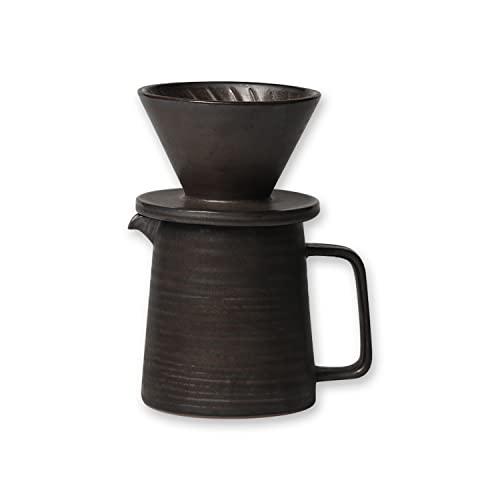 globe faith Stoneware Handmade Pour Over Coffee Maker Set, Ceramic Coffee Cone Dripper & Decanter, Pottery V60 Filter Brewer & Coffee Pot, Annular Vein Retro Metallic Black Glazed 16oz