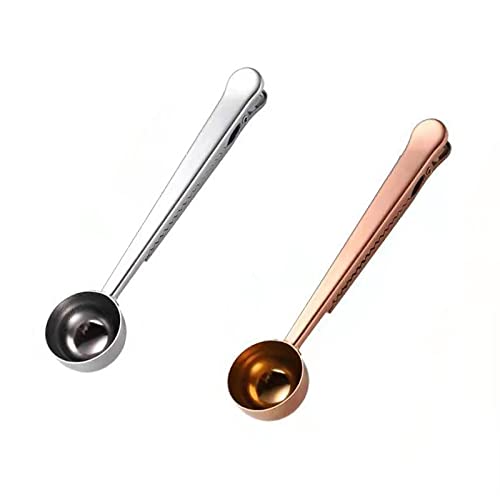 2pcs Stainless Steel Coffee Scoop with Bag Sealing Clip for for Ground Coffee Coffee Beans Loose Tea Spices (Silver and Rose Gold）