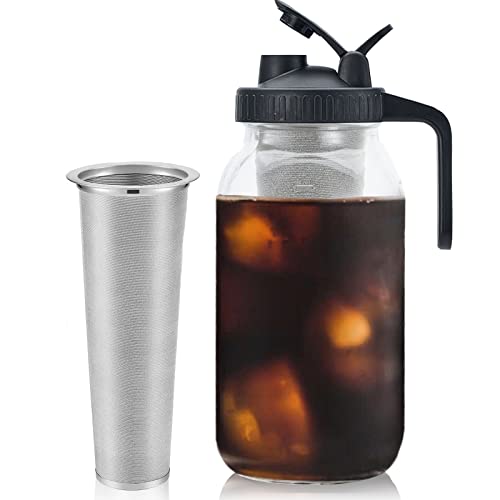 Jrssae Cold Brew Coffee Maker – 64oz Cold Brew Pitcher with Stainless Steel Super Dense Filter 3 Steps Finish Cold Brew Coffee, Classic BPA Free Sturdy Mason jar Pitcher with Black Lid Easy to Clean