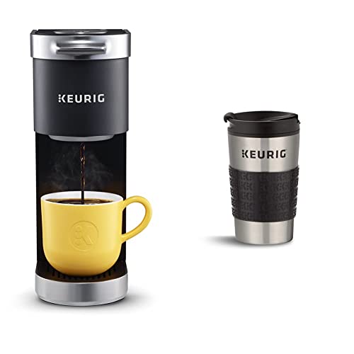 Keurig K-Mini Plus Coffee Maker, 6 to 12 oz. Brew Size, Stores up to 9 K-Cup Pods, Black & Travel Mug Fits K-Cup Pod Coffee Maker, 1 Count (Pack of 1), Stainless Steel