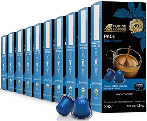 Organic USDA Equine Coffee Aluminum Espresso Pods for Nespresso Original Brewers | 100 Pack Italian Nespresso Compatible Capsules | 100% Arabica Dark Roast Intensity # 9 | OU Kosher (Pace)