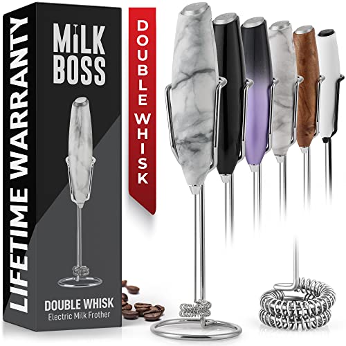 Milk Boss Double Whisk Milk Frother for Coffee With Upgraded Holster Stand – Coffee Frother Handheld – Electric Handheld Foam Maker – Hand Mixer for Latte, Matcha – Electric Whisk (Marble)
