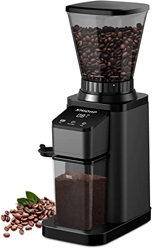 Shidiip Anti-static Conical Burr Coffee Grinder, Touchscreen Electric Adjustable Burr Mill with 48 Precise Grind Settings for 2-12 Cup, with Electronic Timer, Matte Black