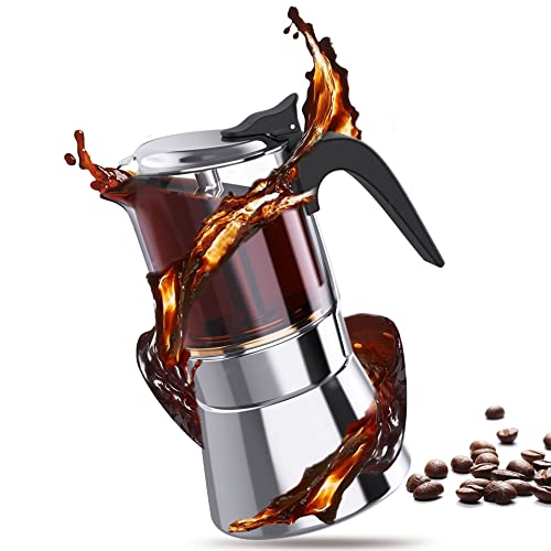 RAINBEAN Italian Expresso Maker, Moka Pot, Stovetop Coffee Makers, Stainless Steel Coffee Maker, Suitable for Induction Hob, 240ml/8.5oz/4 cup (espresso cup=50ml)