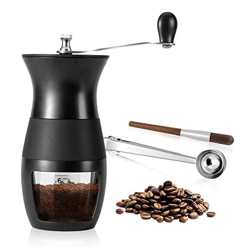 CAUVEBLU Manual Coffee Grinder, Hand Coffee Grinder with Ceramic Burr for Beans with 18 Adjustable Settings for famil and camping,Manual with coffee bean grinder with brush and tablespoon scoop