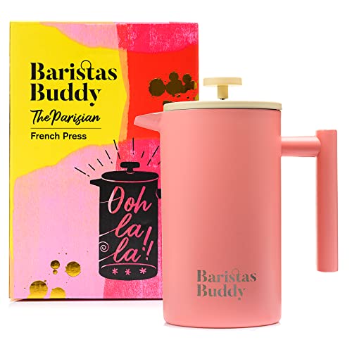 BaristasBuddy Stainless Steel French Press Coffee Maker – 34 Oz Large Coffee Press Coffee Maker – Colorful Retro and Cute French Press – The Best Pink Coffee Maker and Tea Press