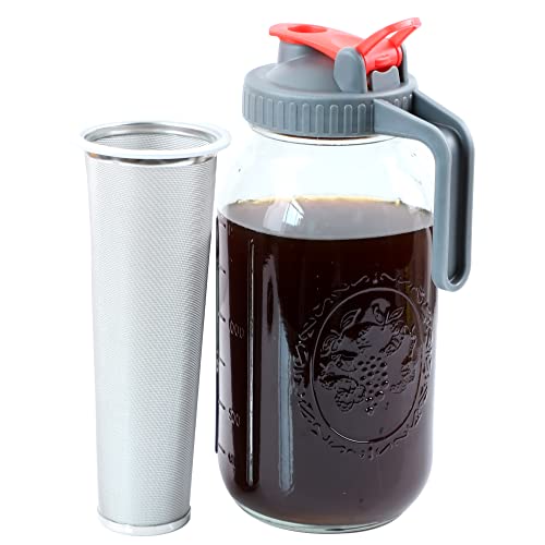 GMAEURL Cold Brew Coffee Maker Mason Jar 64 Oz Wide Mouth Iced Coffee Pitcher With Stainless Steel Coffee Filter For Iced Brew Coffee, Sun Tea, Lemonade, Iced Tea