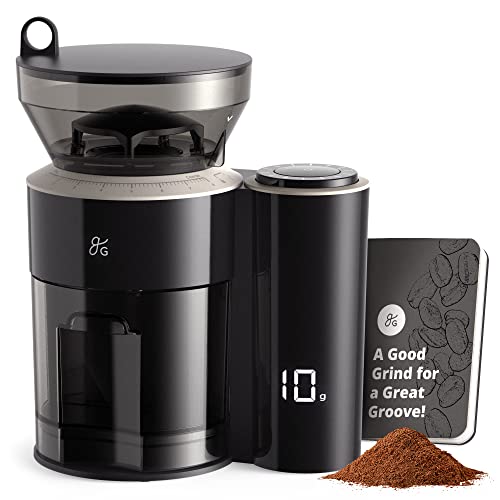 Greater Goods Burr Coffee Grinder – A Precise Coffee Bean Grinder for Everything from Espresso to Cold Brew | Built in Coffee Scale for a More Consistent Grind (Onyx Black) | Designed in St. Louis