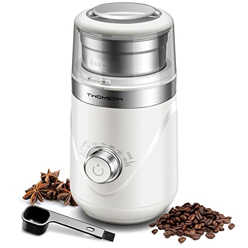 TWOMEOW White Electric Coffee Grinder Adjustable, Spice Grinder and Coffee Bean Grinder with 1 Removable Stainless Steel Bowl, Suitable for French Press, Cold Extraction and Espresso Grinder
