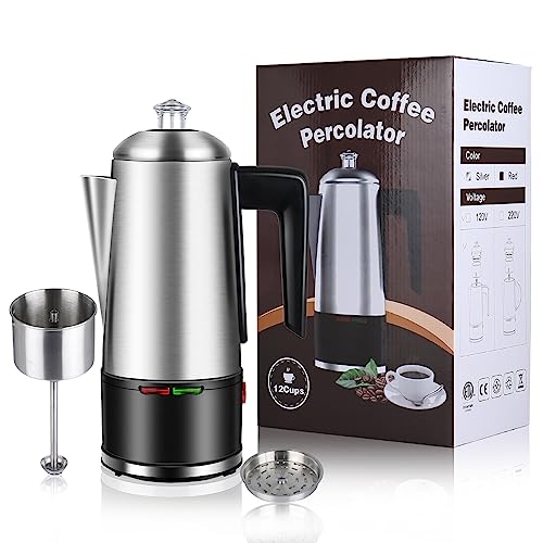 HOMOKUS Electric Coffee Percolator 12 CUPS Percolator Coffee Pot, 800W Percolator Coffee Maker Stainless Steel with Clear Knob Cool-touch Handle, Silver Coffee Pot Percolator Auto Keep Warm Function