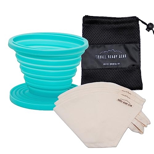 Travel Ready Gear Pour Over Coffee Kit (Teal) Collapsible Pour Over Coffee Dripper and Set Of 3 Reusable Cotton Coffee Filters Perfect For Travel And Camping