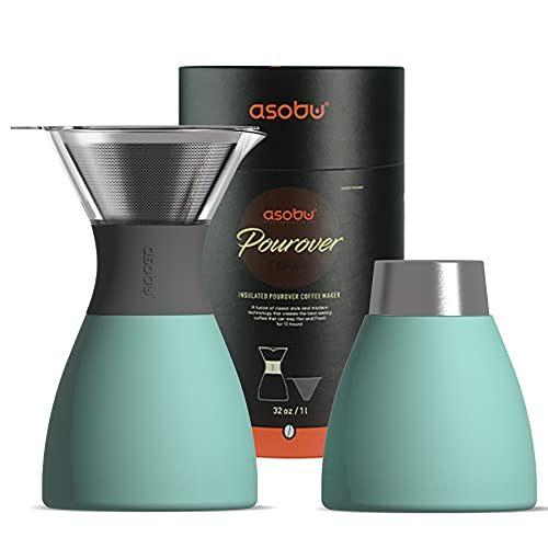 asobu Insulated Pour Over Coffee Maker (32 oz.) Double-Wall Vacuum, Stainless-Steel Filter and Take on the Go Carafe (Mint Green)