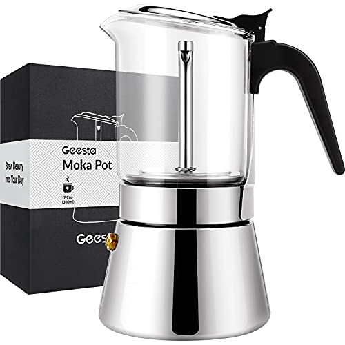GEESTA Premium Crystal Glass-Top Stovetop Espresso Moka Pot – 4 / 6/ 9 Cups Stainless Steel Coffee Maker- 360ml/12.7oz/9 cup (espresso cup=40ml) Gift for man women