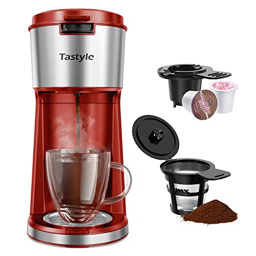 Tastyle Single Serve Coffee Maker for K Cup & Ground Coffee, Regular and Bold Brew Options, Small Coffee Machine Single Cup with Descaling Reminder, Fits Travel Mug, 6 to 14 Oz Brew Size, Red