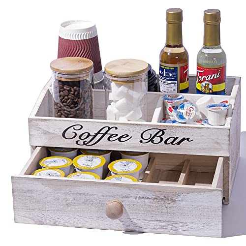 maulehua coffee station organizer With Drawer Coffee Bar Organizer ,Coffee Pod And Tea Storage Oraganizer, Coffee Caddy For Countertop Wood,White