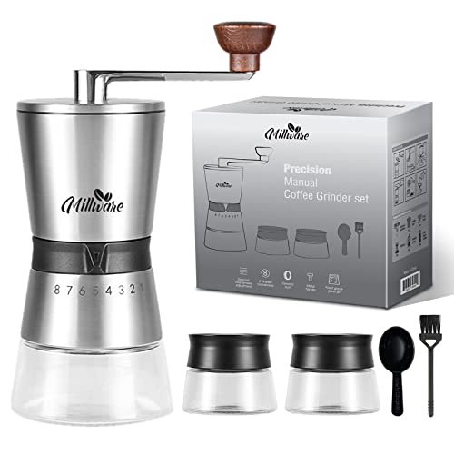 Millware Manual Coffee Grinder Set with 8 Adjustable Coarseness, Hand Mill Conical Burr for Espresso Beans, French Press, Pour Over, Drip Rustproof, 2 glass jars, spoon, brush, Silver, 180x90x210mm