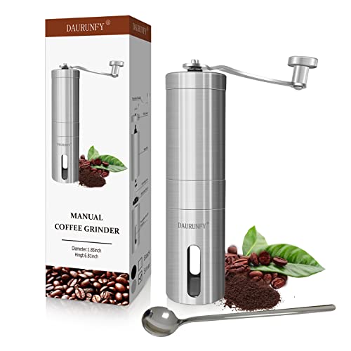 DAURUNFY Manual Coffee Grinder Portable Hand Coffee Bean Mill with Ceramic Adjustable Knob Setting Stainless Steel Coffee Grinder in Kitchen and Hiking (SILVER)