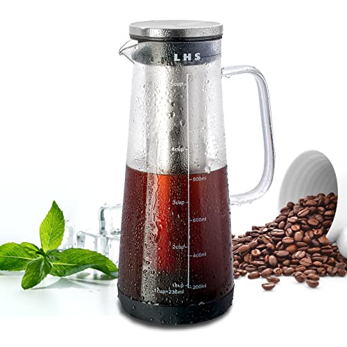 Cold Brew Coffee Maker 2 in 1 Iced Coffee Maker, Glass Pitcher with Lid- 1.2Liter / 40oz, Stainless Steel Filter Removable and BPA-Free Glass Carafe for Iced Coffee, Cold Brew Tea, Juice