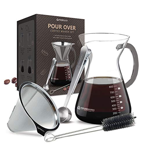 Housewares Solutions Pour Over Coffee Maker Set – 34 oz Glass Carafe, Stainless Steel Filter with Coffee Scoop and Cleaning Brush