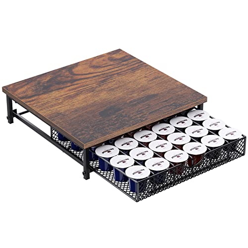 YBING Coffee Pod Drawer Holder Organiser, Wooden Finish for 36 Capacity K Pod, Coffee Machine Stand Container Storage Sliding Mesh Baskets Compatible for Home Office Kitchen Cafe Counter (Black)