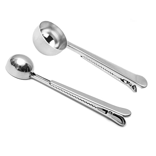 2 coffee scoop clip, expresso scoop pretty stainless steel, ground coffee measuring spoon multifuntion Bag Clip Long Handle Tablespoon Coffee Beans