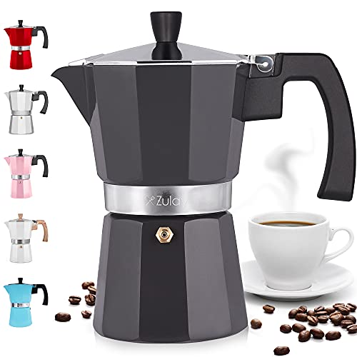 Zulay Classic Italian Style 5.5 Espresso Cup Moka Pot, Classic Stovetop Espresso Maker for Great Flavored Strong Espresso, Makes Delicious Coffee, Easy to Operate & Quick Cleanup Pot (Dark Gray)