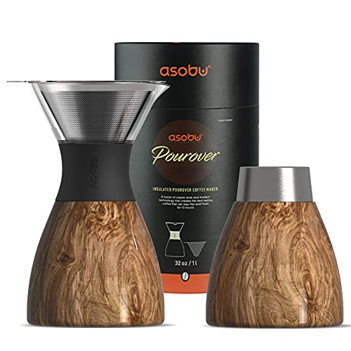 asobu Insulated Pour Over Coffee Maker (32 oz.) Double-Wall Vacuum, Stainless-Steel Filter and Take on the Go Carafe (Wood)