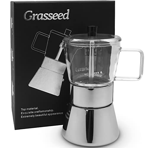 Grasseed Luxurious Crystal Glass & Stainless Steel Moka Pot, Stovetop Espresso Maker for Flavored Strong Coffee, Italian Cafetera, for all types of hobs-Dishwasher Safe-6 Espresso Cup/240 ml/8.5 oz