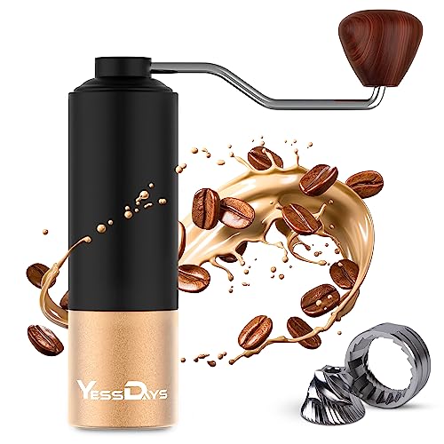 YESSDAYS Manual Coffee Grinder – Premium Stainless Steel Manual Coffee Burr with Grind Settings, Aluminum Body, Ergonomic Wood Knob Handle, Hand Grinder Coffee Gift For Office, Travelling, Camping