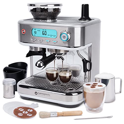 EspressoWorks Barista Pro Series Espresso Machine with LCD Display, Milk Steamer, and Grinder – Ready To Brew In 60 Seconds – 15-Bar Espresso, Cappuccino, and Latte Machine 30-Piece Bundle (Silver)