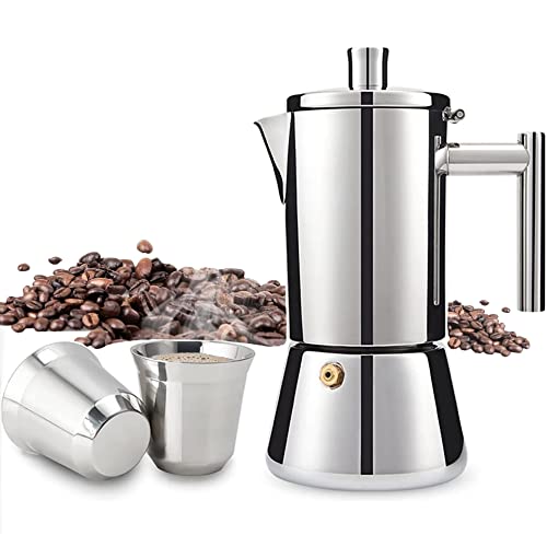 MEHIDFY Stovetop Espresso Maker, Stainless Steel Moka Pot, Stovetop Coffee Maker, Expresso Coffee Maker, Italian Coffee Maker, Moka Pot Espresso with 2pcs Espresso Cups, 6Cup/ 10oz/ 300ml