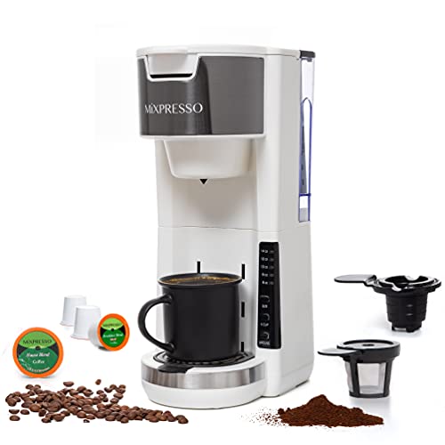 Mixpresso Single Serve 2 in 1 Coffee Brewer K-Cup Pods Compatible & Ground Coffee,Compact Coffee Maker Single Serve With 30oz Reservoir, 5 Brew Size & Adjustable Drip Tray,