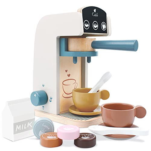 PairPear Kids Wooden Toys Coffee Maker Toy Espresso Machine Playset – Toddler Play Kitchen Accessories Gift for Girls and Boys