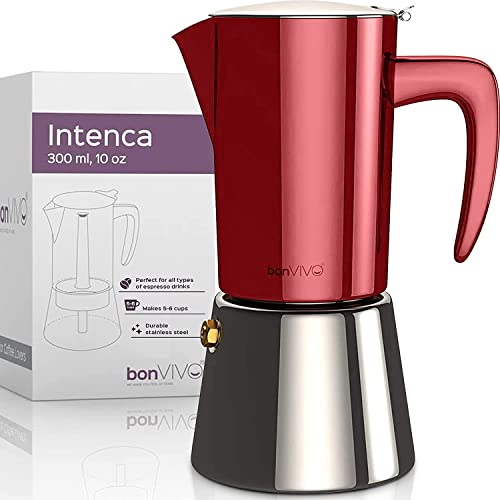 bonVIVO Intenca Stovetop Espresso Maker – Luxurious Italian Coffee Machine Maker, Stainless Steel Espresso Maker Full Bodied Coffee, Espresso Pot For 5-6 Cups, 10 oz Moka Pot Red Finish