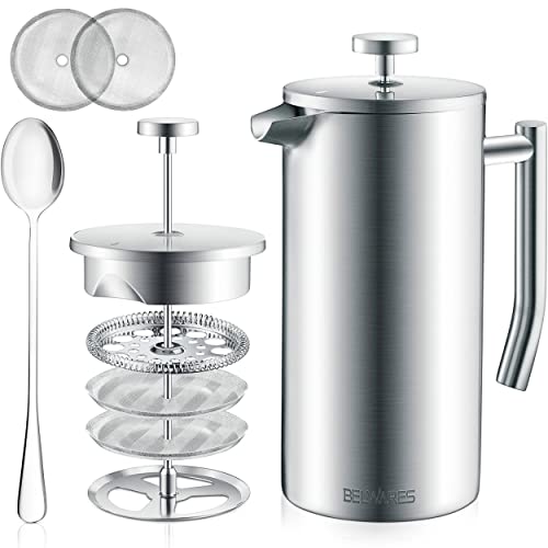 French Press Coffee Maker – Double Wall Insulated 304 Stainless Steel Coffee Maker 4 Level Filtration System – Rust-Free, Dishwasher Safe, Coffee Press Tea Makrer, 34oz (1 Litre) – Silver