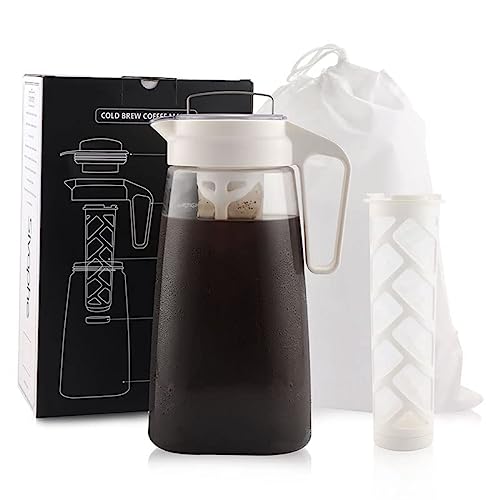 Sivaphe Large Cold Brewer Coffee Maker, Deluxe 2L Deluxe Patented Manual Iced Tea Method, 64oz Leak Proof Coffee Pitcher With 2 Removable Finish-Mesh Filters Holiday Gift