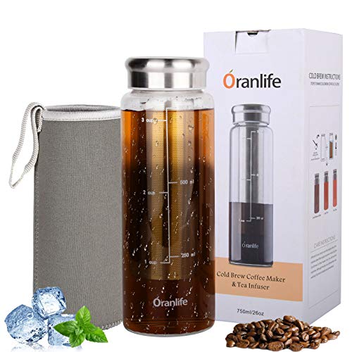 Oranlife Cold Brew Coffee Maker, Portable Iced Coffee and Tea Infuser with Airtight Lid, Reusable Stainless Steel Mesh Filter for Iced Tea/Coffee, 3cup, 26oz, Easy To Clean