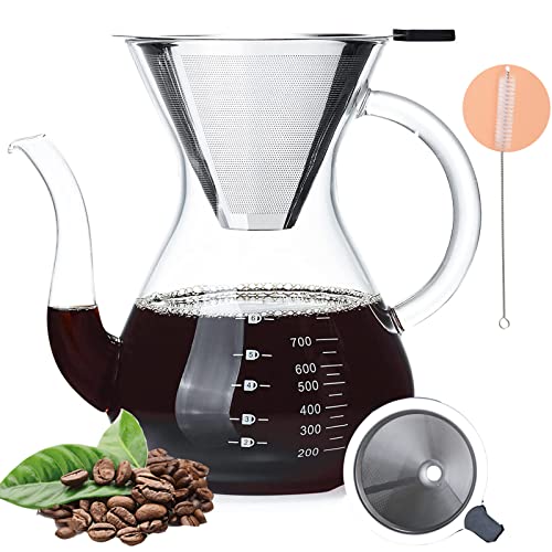 Pour Over Coffee Maker, 8 Cups Coffee Maker with Reusable Stainless Steel Permanent Filter, 34oz Borosilicate Glass Coffee Carafe Hot & Cold Drinks