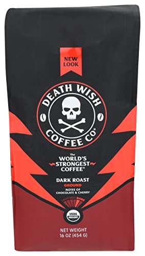 Death Wish Coffee Dark Roast Grounds – 16 Oz – Extra Kick of Caffeine – Bold & Intense Blend of Arabica & Robusta Beans – USDA Organic Ground Coffee – Dark Coffee Caffeine for Morning Boost