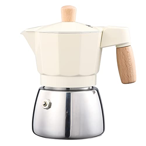 ADBZEN Moka Pot Stovetop Espresso Coffee Maker 3 Cups Stainless Steel Moka Pot Natural Wood Handle (White)