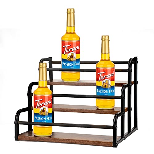 UHSSJUGA 3 Tier Coffee Syrup Storage Rack,Rustic Wood & Metal Coffee Syrup Bottle Holder Stand,Countertop Freestanding Organizer for Coffee Bar Station,12 Bottles Display Shelf for Syrup, Wine,Liquor