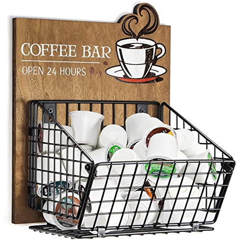 THYGIFTREE Coffee Pod Holder Wall Mount K Cup Storage Organizer for Kcup Espresso Capsule, Coffee Bar Sign Open 24 Hours for Coffee Station Kitchen Decor Gifts