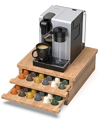 WELL WENG 2-Tier Bamboo Coffee Pod Drawer Storage, 84 Capsule Capacity – Only for Nespresso Originalline Capsules (Natural)